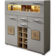 Fun Plus 2 Bar Cabinets in Basalt with End-Grain Wood Appliqués, Modern Highboard with LED Lighting, 120 x 129 x 37 cm (W x H x D)