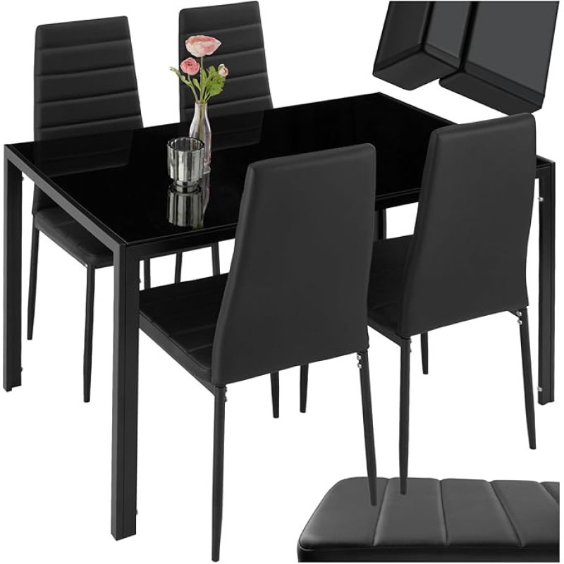 tectake Dining Set Table and Chairs, Dining Table and 4 x Chairs, Durable Faux Leather, Safety Glass Table Top, Modern Kitchen Chairs - Black