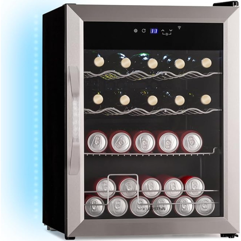 Klarstein Coachella 65 Drinks Fridge - 60 L WLAN Enabled, LED Lighting, Stainless Steel, Whisper Quiet, 3-18 °C, Removable Shelves, Drinks Fridge with Glass Door