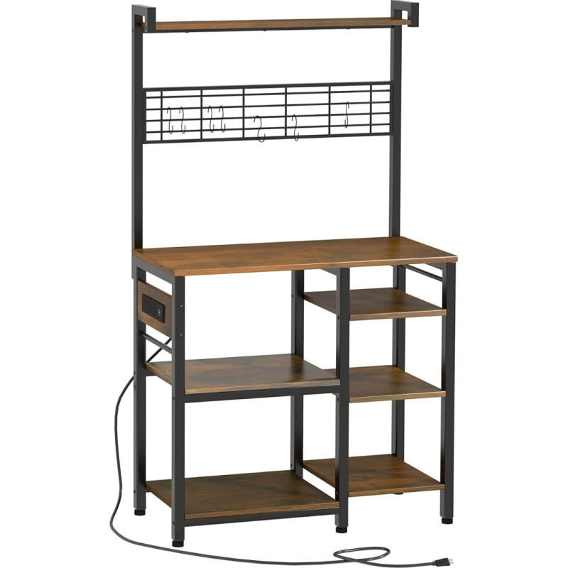 Large Bakers Rack with Power Outlet and Storage Space, 5-Tier Microwave Stand with Shelves, Multifunctional Kitchen Storage Rack with 7 Hooks, Coffee Bar Station, Rustic Brown