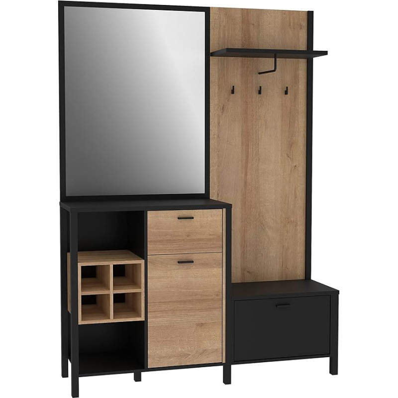 FORTE HIGH ROCK drabužių spinta su 2 durimis ir 1 stalčiumi, kompozitinė mediena, juoda/artisano ąžuolas, plotis x aukštis x gylis: 144,5 x 200 x 40,2 cm