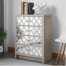 Galano Ilse Chest of Drawers with 4 Drawers - Modern Cabinet with Acrylic Mirror Drawers - Bedroom Organiser and Storage - Dusty Grey Oak