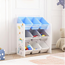 [en.casa] Muxía Children's Shelf with 9 Storage Boxes, Toy Shelf with Koala Motif, Play Shelf, White, Grey, Blue, Children's Room Organiser