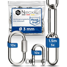 NietFullThings 3 mm extension chain made of stainless steel, breaking load max. 350 kg with screw connector and shackle made of V4A mounting set, suspension of punching bag, hanging mat, hanging chair