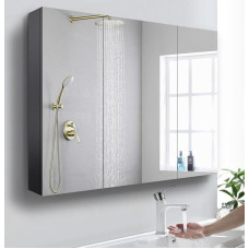 Seenvlog Bathroom Medicine Cabinet with Mirror, 100 cm x 70 cm Tri-View Large Mirror Medicine Cabinet Black Aluminium Wall Mounted Mirror Cabinet for Bathroom Organiser Waterproof