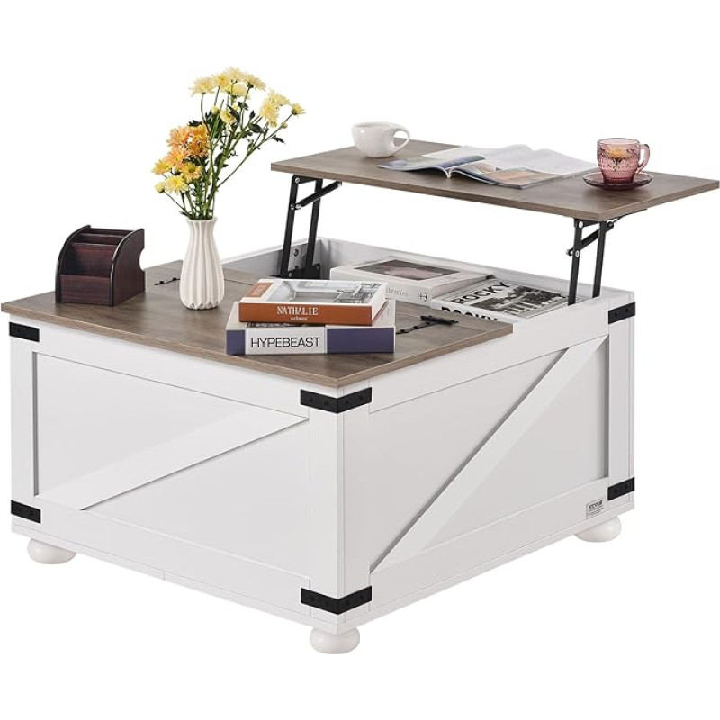 VEVOR kavos staliukas Ūkio stiliaus kvadratinis kavos staliukas su atlenkiamu viršumi ir laikymo skyriumi, kaimiškas medinis kokteilinis staliukas svetainei, miegamajam, butui, studijai (pilka + balta)