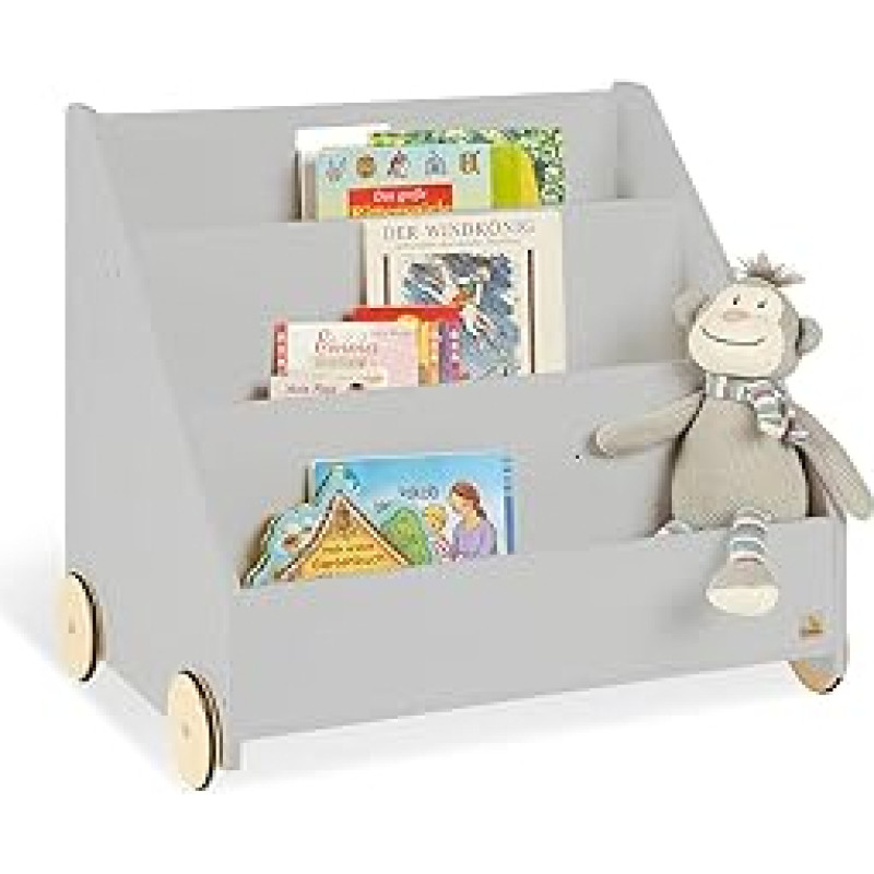 PINOLINO Lasse Children's Bookcase with Wheels, Made of MDF, 3 Compartments, 1 Secret Compartment, Rubberised Wooden Wheels, for Children Aged 3 and Above, Grey