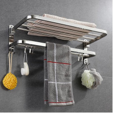 yozhch Wall Mounted Towel Rack, Double Rods, Silver Stainless Steel Towel Rack with Shelf, Foldable Bathroom Towel Rack with Hooks (23