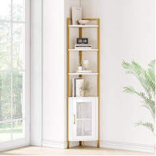 HOCSOK 4 pakopų kampinė lentyna, pramoninė knygų spinta su spintele, balta kampinė lentyna, laisvai pastatomos medinės lentynos svetainei, namų biurui, prieškambariui