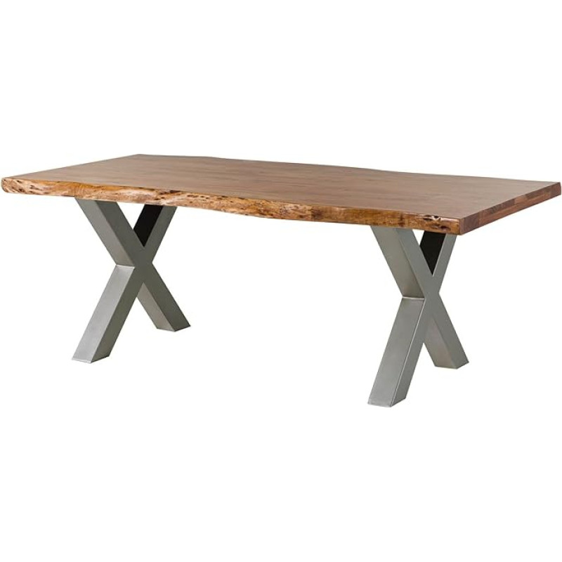MASSIVMOEBEL24.DE Freeform 5 Acacia Tree Table - Various Sizes, Frames and Colours, Colour: Natural Varnish, Size: 220 x 100 cm, Frame: X-Legs, Matte Silver