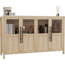 GarveeHome Sideboard Buffetschrank mit 4 Glastüren, 139,7 cm großer Buffetschrank mit Stauraum, moderner Bauernhaus-Aufbewahrungsschrank, Tisch für Küche, Esszimmer, Wohnzimmer (Glas mit 4 Türen,