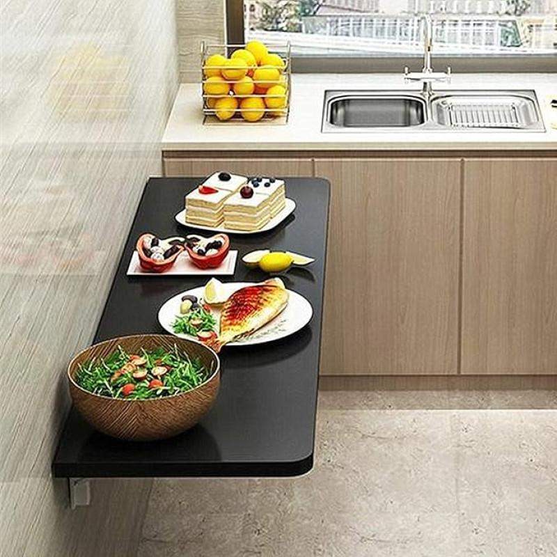 Schwebender klappbarer Tisch mit Regalen, zur Wandmontage, ideal für Küche, Café, Esszimmer, Zuhause, Büro, Schlafzimmer, platzsparend, Holzschreibtisch und Bücherregal, 61 x 30,5 cm, Schwarz