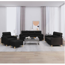 4 dalių sofos komplektas su pagalvėle, juodas audinys, svetainės peizažas Juodas jaukus sofos komplektas poilsiui ir patogumui Svetainės sofos