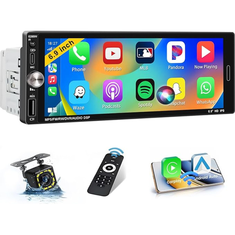 Inefala Bluetooth-Autoradio 1 Din mit kabellosem CarPlay & Android Auto 6,9 Zoll Touchscreen Autoradio mit Mirror Link Radio RDS/FM USB Typ-C Rückfahrkamera Mikrofon Fernbedienung