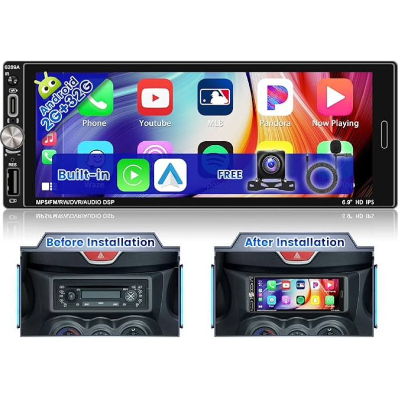 Ohradio 2G+32G Autoradio 1 DIN Android 13 mit Wireless Carplay Android Auto, 6,9 Zoll Touchscreen Android Auto GPS Stereo 1 Din mit WiFi FM/RDS USB Bluetooth Rückfahrkamera + MIC