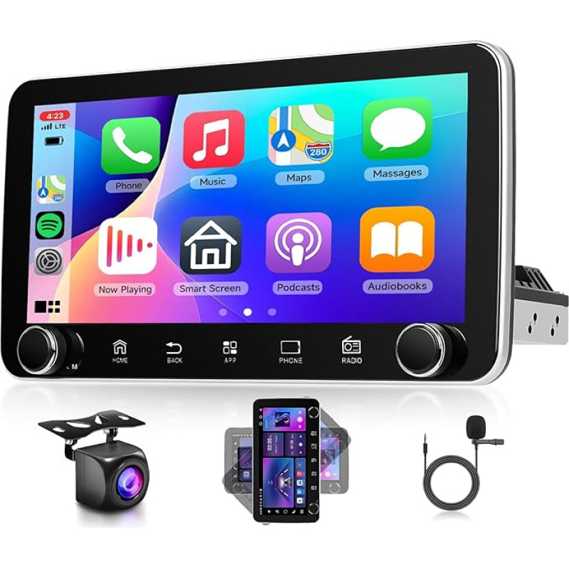 Rimoody 2+64G Car Radio 1 DIN Wireless Carplay Android Car 10.36 Inch IPS 360° Rotating Screen Car Radio with iOS/Android Mirror Link WiFi Bluetooth GPS FM/RDS Steering Wheel Control Reversing Camera