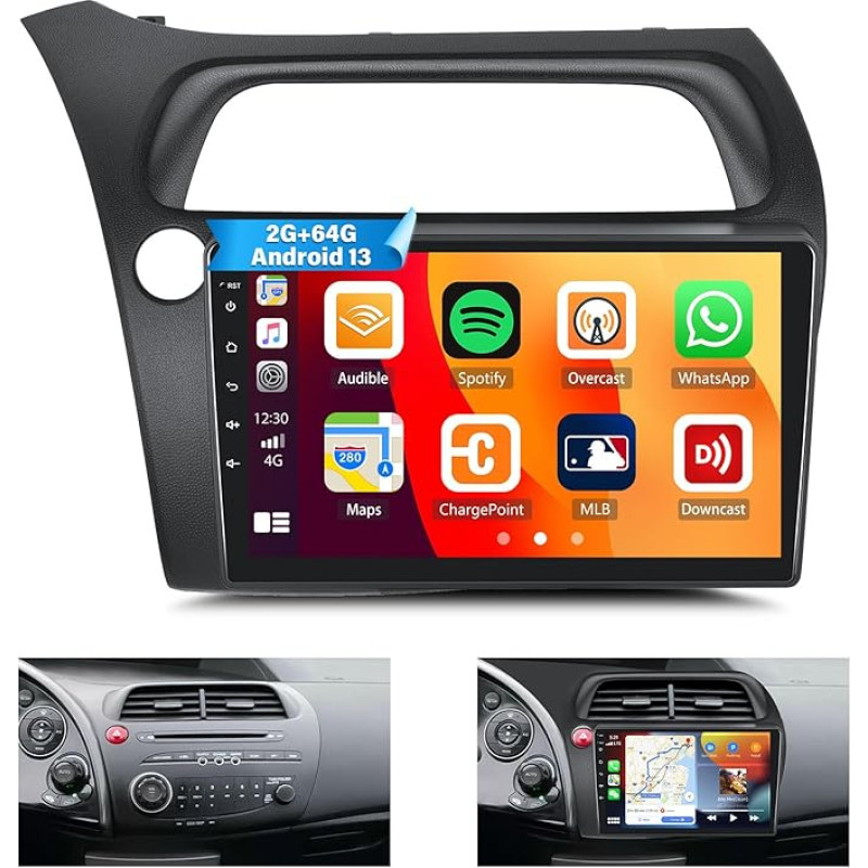 2G+64G Android 13 Autoradio Für Honda Civic 2006 2007 2008 2009 2010 2011 Wireless CarPlay Android Auto Mirror Link Bluetooth GPS Navi 9 Zoll Touchscreen Bildschirm FM/RDS WiFi + Rückfahrkamera