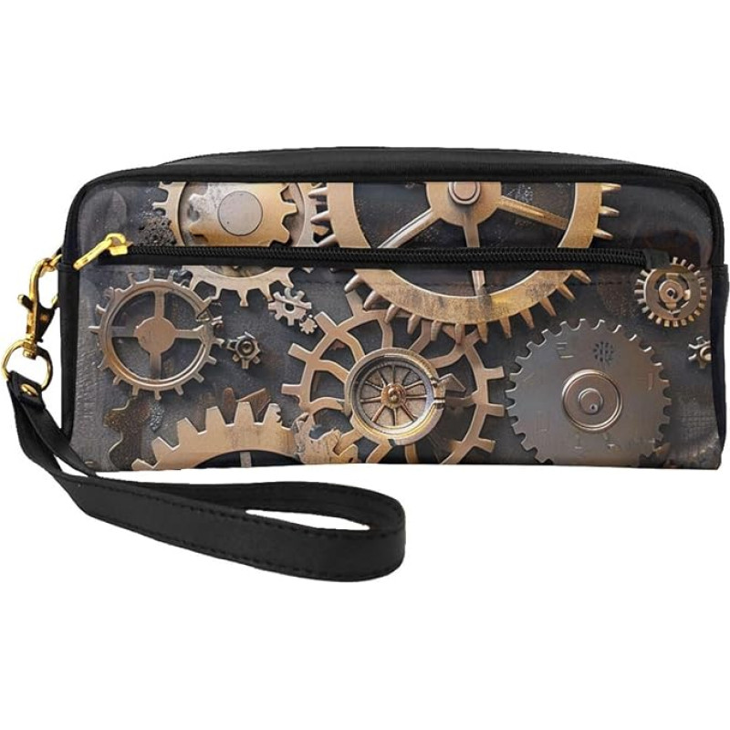 Steampunk Kosmetiktasche mit mechanischen Zahnrädern, bedruckt, für Damen, Reise-Kosmetiktasche aus PU-Leder mit Handgelenk, Kulturbeutel, Schwarz , Einheitsgröße, Kosmetiktasche