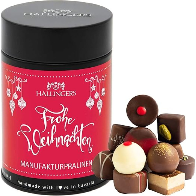 Hallingers Frohes Weihnachtsfest - Manufactory Chocolates Gift Handmade without Alcohol from Fine Cocoa Chocolate (Tin) - Advent Calendar Novelties & Advent Calendar Filling | Congratulations Thank