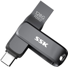 SSK USB Stick 3.2 128GB, Up to 200MB/s Fast USB Memory Stick, Dual USB Flash Drive A and C, Durable Black Metal Pendrive for Mobile Phone, Tablets, MacOS, Computer, Car, TV