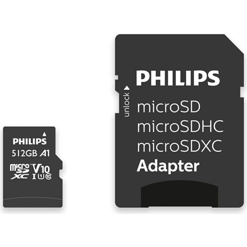 Philips Ultra Speed microSDXC Card 512 GB + SD Adapter UHS-I U1, Read Speed up to 80 MB/s, A1 Fast App Performance, V10, Memory Card for Smartphones, Tablet, PC, Card Reader, Full HD Video