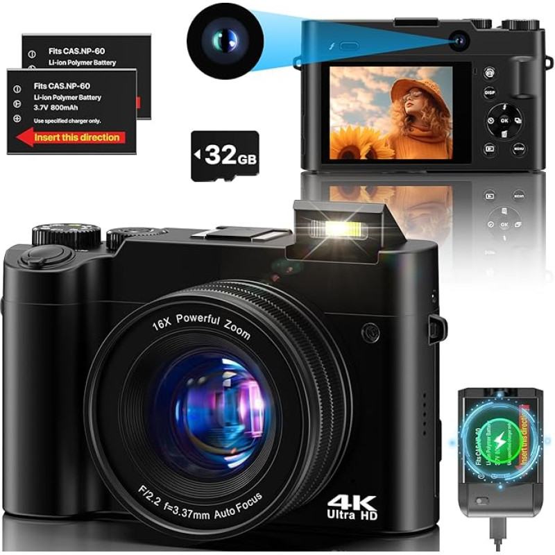 Skaitmeninis fotoaparatas Nuotraukų fotoaparatas 4K Dvigubas fotoaparatas 64 MP Anti-Shake Vlogging Photo Camera su 32GB atminties kortele, 16X skaitmeniniu priartinimu, 2 baterijomis ir įkrovikliu bei pradedančiųjų kompaktiniu fotoaparatu paaugliams