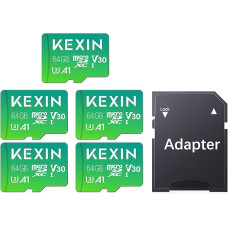 KEXIN Micro SD Card 64 GB Pack of 5 Memory Cards Micro SD with SD Adapter, Up to 100 MB/s Read Speed, UHS-I, U3, A1, V10, C10, microSDXC Memory Card TF Card 64 GB, Pack of 5