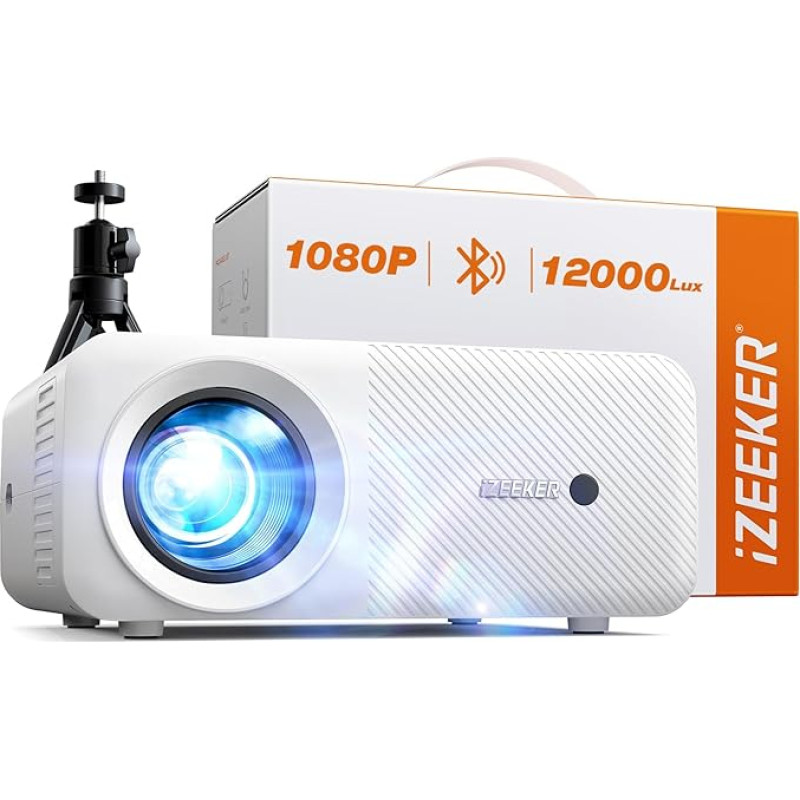 Mini Bluetooth Projector with Tripod, Video Projector 12000 Lux 1080P, iZEEKER Projector for Mobile Phone, Home Cinema Projector, Compatible with iOS, Android, PC, TV Stick, HDMI, USB, PS5, Xbox