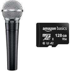 Shure SM58SE Cardioid Dynamic Vocal Microphone with Eius Switch & Amazon Basics 128GB MicroSDXC Memory Card with SD Adapter A2 U3 100MB/s Max Read Speed - Black