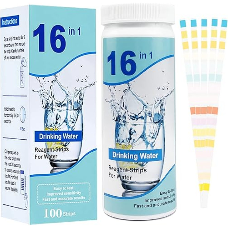 16 in 1 Water Tester Drinking Water Pack of 100 Water Hardness Test Strips Drinking Water Test Strips Water Tester Tap Water for Total Hardness Free Chlorine Iron Copper Lead Nitrate Content and More