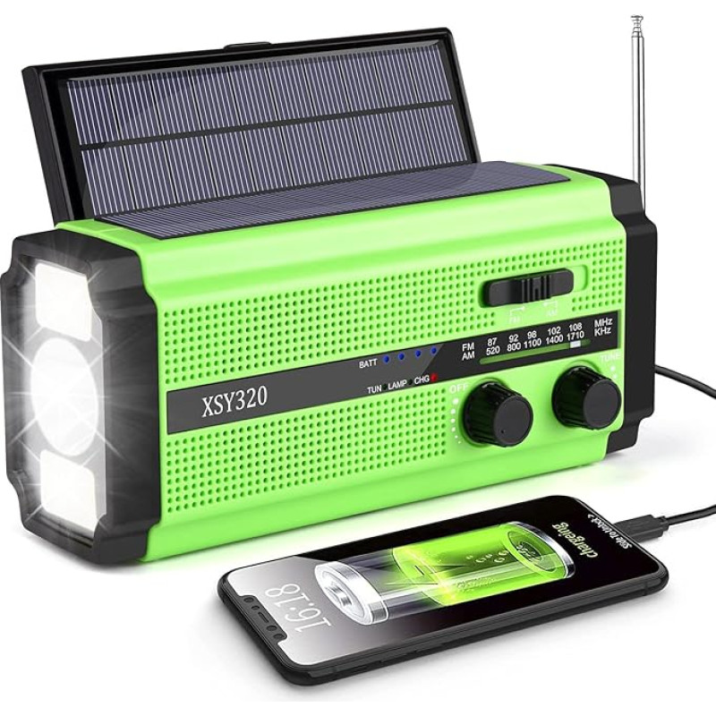 MILFECH Solar Radio, AM/FM Crank Radio, Portable Emergency Radio with 5000 mAh Rechargeable Battery, 3 Modes LED Torch, LED Reading Lamp, SOS Alarm and Hand Crank Dynamo for Camping, Travel (Green)