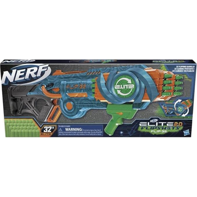 Nerf Elite 2.0 Flipshots Flip-32 Blaster, 32 strėlių dėtuvės, skirtos dvigubam šaudymui, 32 strėlių talpa, 32 Nerf strėlės