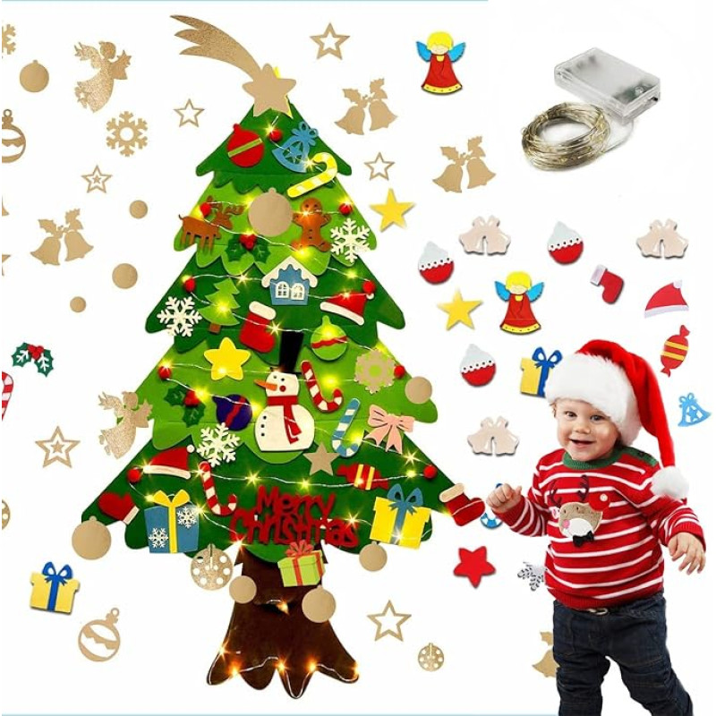 Felt Christmas Tree for Children (LED Version), Christmas Tree Felt with 60 Removable Ornaments & 50 LED Lights, 142 cm