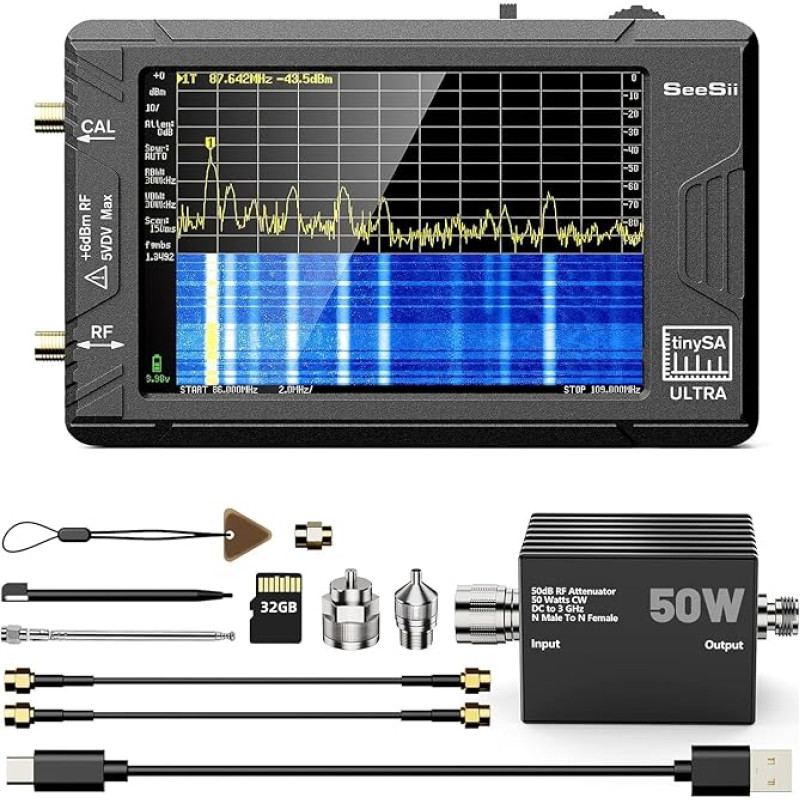 SeeSii TinySA Ultra Spectrum Analyzer with 50 W Attenuator, 4.0 Inch Frequency Analyzer 100 kHz - 5.3G Hz, 2-in-1 Signal Generator 100 kHz - 800 MHz MF/VHF/HF UHF Input with 32 GB Memory Card