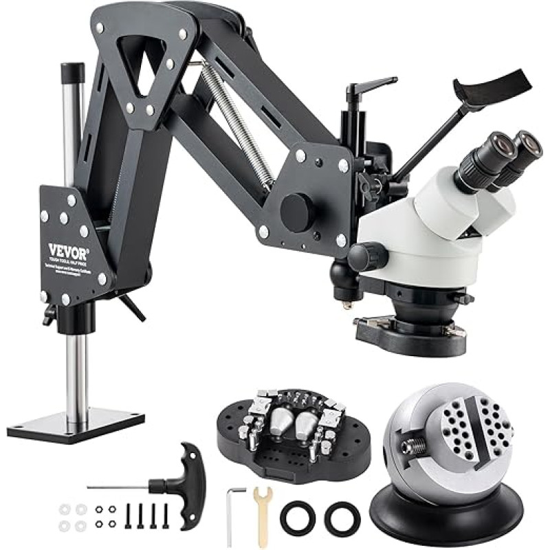 VEVOR Multi Directional Microscope with Spring Mount, Jewelry Microscope 7X-45X Total Magnification, Micro Jewelry Inlay Stand with Built-in USB Ring LED Light and 360° Ball Vise