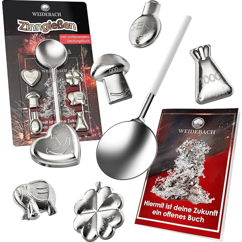 WEIDEBACH® Tin Casting Set [Version 2024] 6 Figures, Lead Casting Alternative Including Book with Over 500 Interpretations, Non-Toxic Tin Casting as a New Year's Eve Game, Environmentally Friendly Tin
