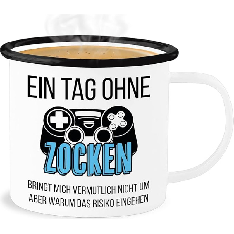 Shirtracer Emaille Becher Blechbecher - Statement - Ein Tag ohne Zocken blau/schwarz - 300 ml - Weiß Schwarz - statements frohes neues jahr new year mit