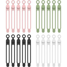 Selutiya Kabelbinder, wiederverwendbar, Silikon-Kabelbinder, einfach zu bedienen, Silikon-Organizer, elastische Silikon-Drähte, Kabelclips für Büro, Zuhause, Auto usw. (Schwarz, Weiß, Rosa, Grün), 20