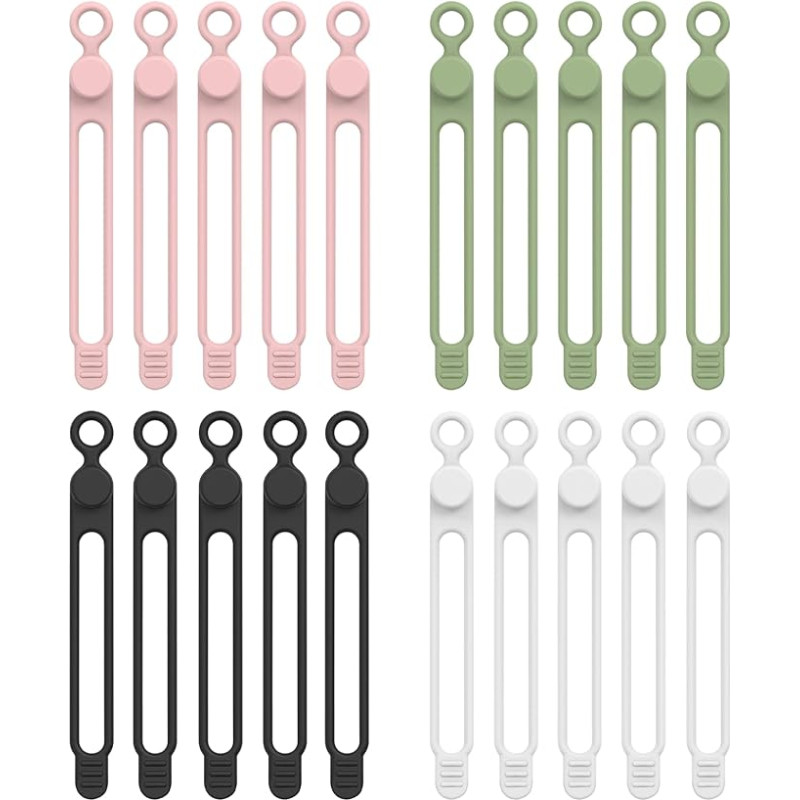 Selutiya Kabelbinder, wiederverwendbar, Silikon-Kabelbinder, einfach zu bedienen, Silikon-Organizer, elastische Silikon-Drähte, Kabelclips für Büro, Zuhause, Auto usw. (Schwarz, Weiß, Rosa, Grün), 20