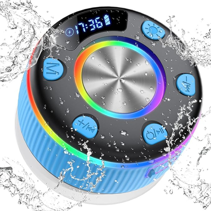 Bluetooth Lautsprecher Dusche, Musikbox bluetooth mit RGB Lichtshow, IP7 Wasserdicht Duschlautsprecher mit Saugnapf, Tragbare Speaker mit 8H Stereo Sound Freisprecheinrichtung für Badezimmer, Blau