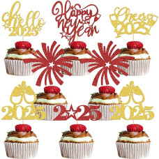 2025 Happy New Year Cupcake Topper, Hello 2025, Cheers to 2025 New Year, New Years Eva Decorations 2025, Welcome 2025 New Year Holiday Theme Birthday Anniversary Party Supplies Gold Red Glitter