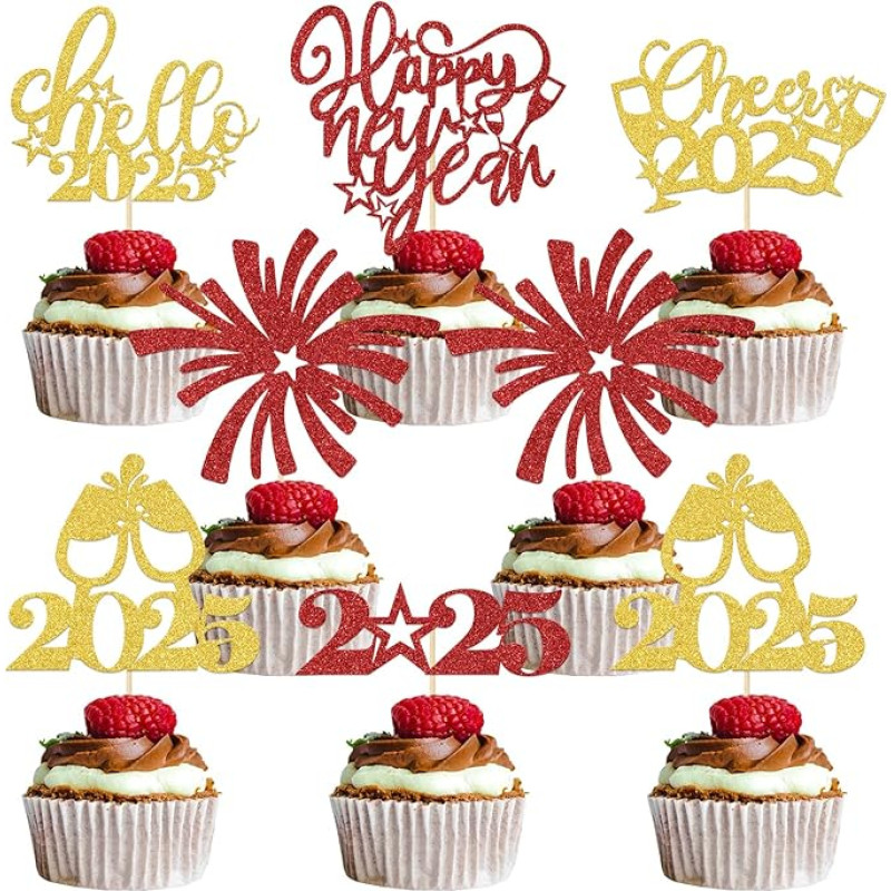 2025 Happy New Year Cupcake Topper, Hello 2025, Cheers to 2025 New Year, New Years Eva Decorations 2025, Welcome 2025 New Year Holiday Theme Birthday Anniversary Party Supplies Gold Red Glitter