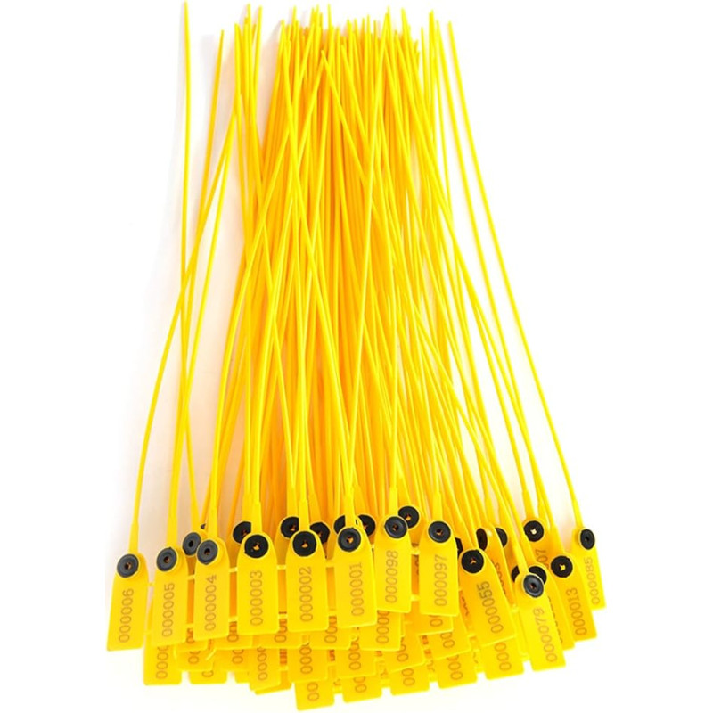 Seal label, 100 x yellow plastic safety seals, 40 cm labels, cable ties with number, plastic seal for transport safety
