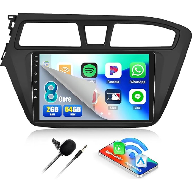 8 branduolių 2G + 64G CAMECHO Android 13 automobilinis radijas Hyundai i20 2015-2018 m. su Carplay Android navigacijos sistema, dvigubas DIN automobilinis radijas su 9 colių jutikliniu ekranu, Bluetooth 5.0 FM/RDS Mirror Link 32EQ