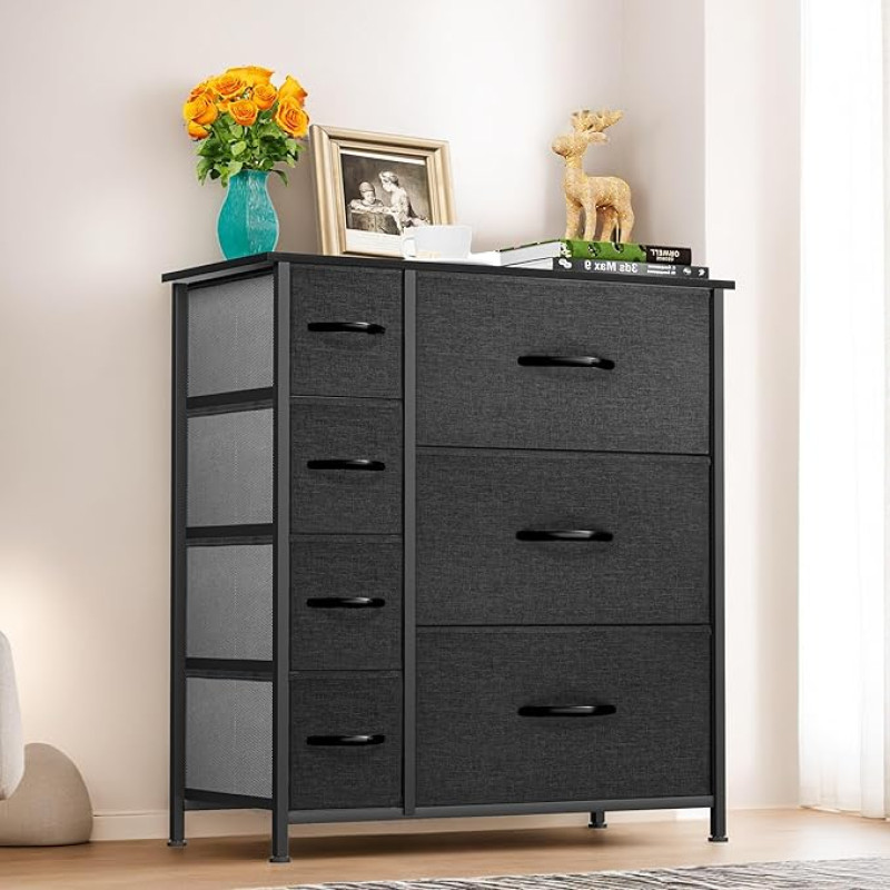 YITAHOME Komoda su 7 stalčiais, spintelė, medžiaginiai stalčiai su rankenėlėmis, metalinis rėmas, skirta svetainei, prieškambariui, miegamajam, patvari, juoda / pilka