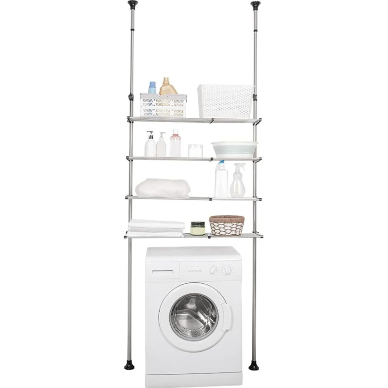 BAOYOUNI Teleskopinė vonios kambario lentyna su 4 lentynomis virš skalbimo mašinos ar tualeto, be gręžimo Vonios kambario lentyna Teleskopinė lentyna, pagaminta iš metalo, reguliuojamo aukščio ir pločio, juoda