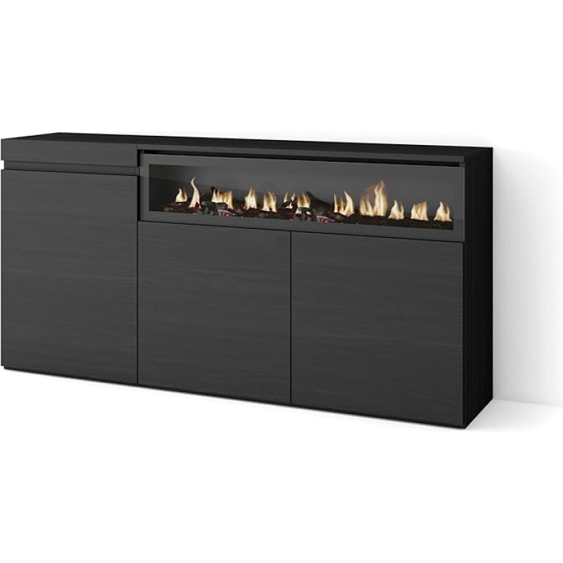 Skraut Home Sideboard, Highboard, Chest of Drawers, Comode Cabinet, 150 x 75 x 35 cm, 3 Doors, Electric Fireplace, Dimensions, Modern Style, Black