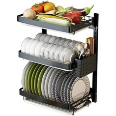 Schwarzer Geschirrtrockner, 3 Etagen, verstellbarer Geschirrtrockner mit großem Fassungsvermögen, mit hängendem Utensilienhalter, 3 Haken und Abtropfgestell für die Küchentheke, platzsparendes Au
