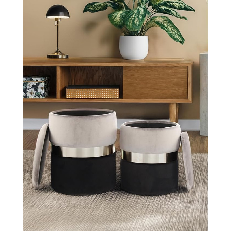 Qiyano Evelyn Set of 2 Stools with Storage Space, Light Grey, Stool with Integrated Storage Boxes, Versatile for Living Room, Bedroom, Wardrobe