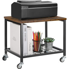JS Nova JUNS CADUKE Under Desk Printer Stand, Printer Trolley with 2-Tier Wooden Shelves, Industrial Printer Holder Frame with Lockable Wheels and Non-Slip Feet, Rustic Brown and Black
